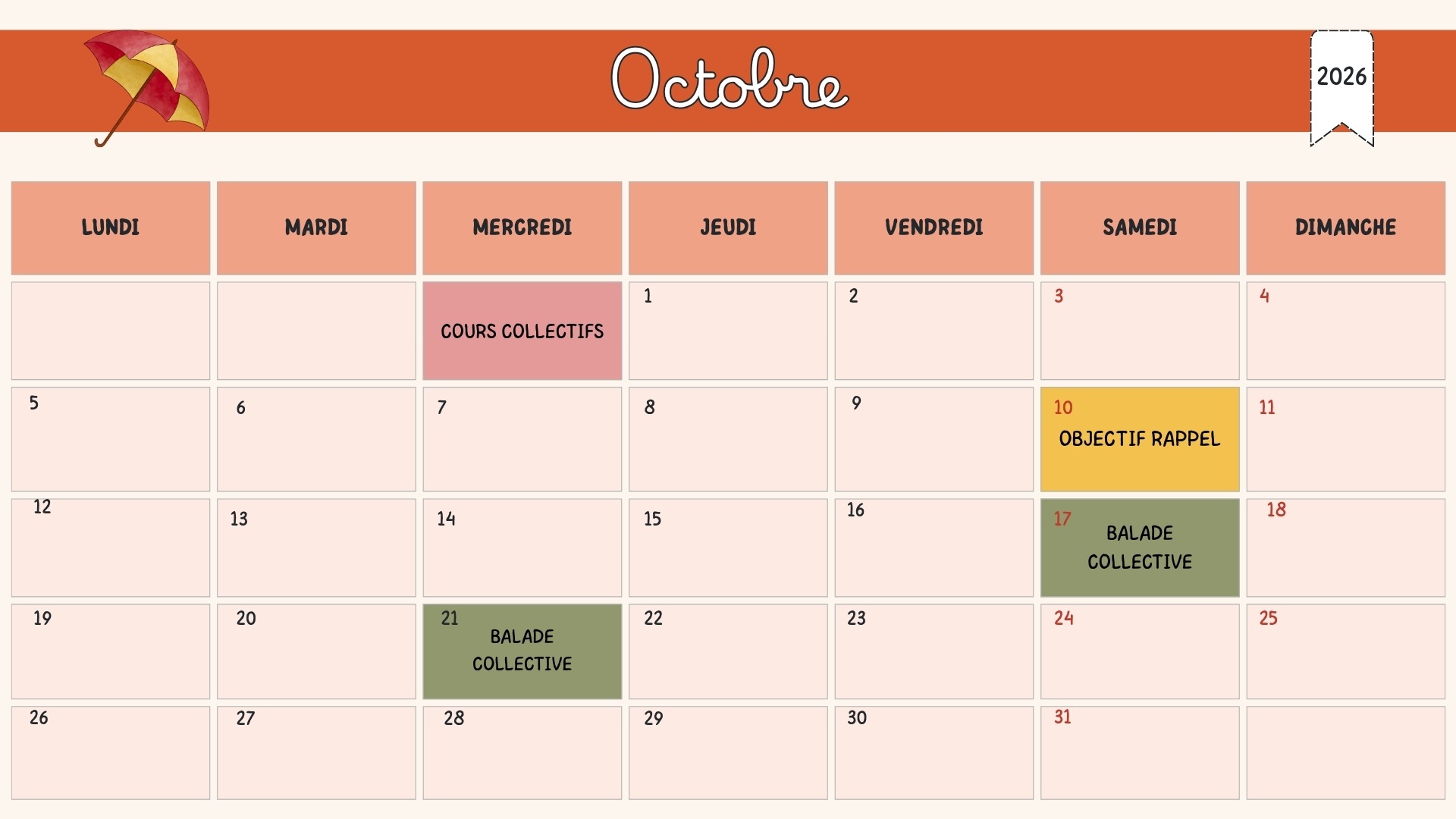 Planning d'Octobre